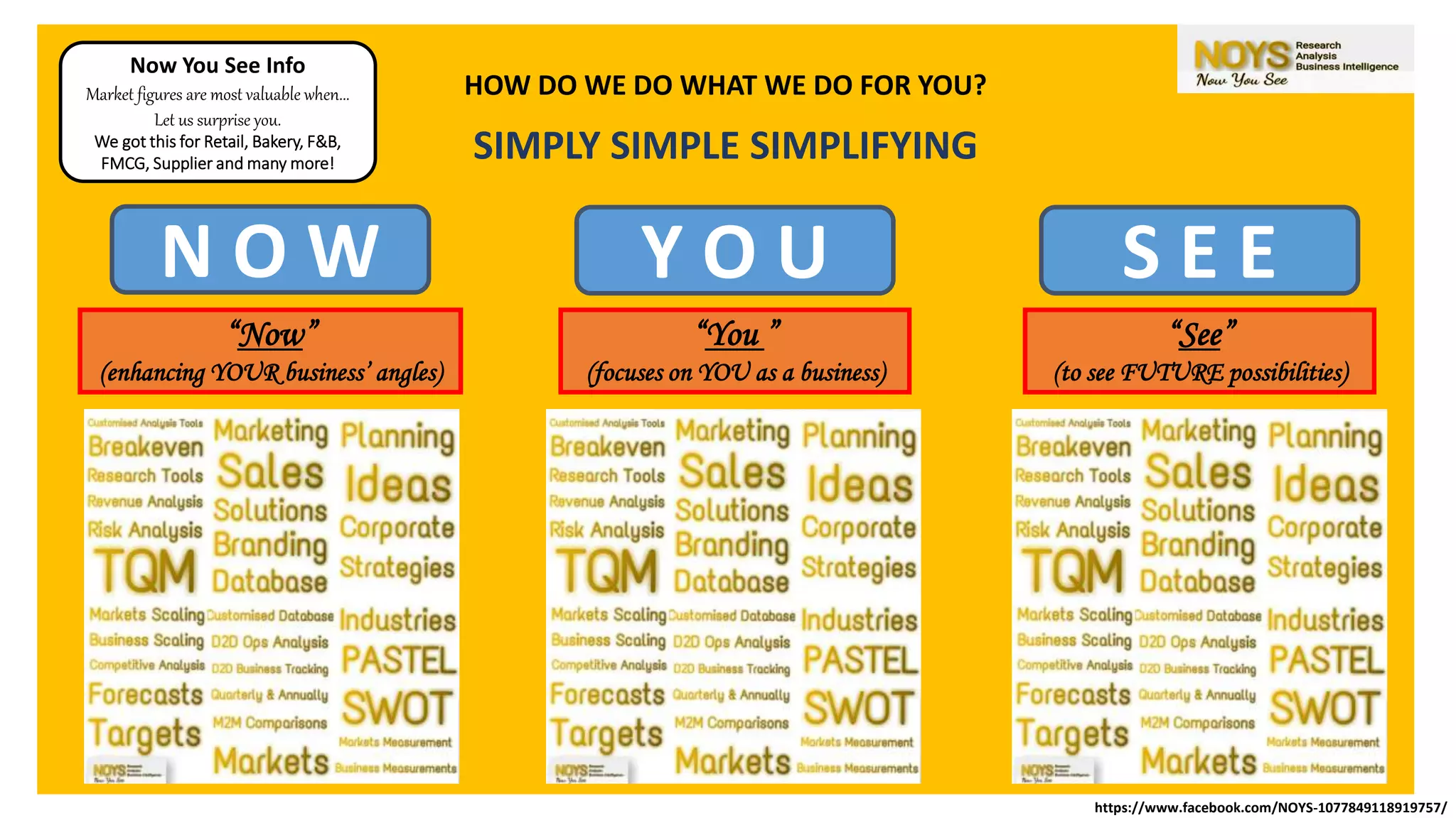 HOW DO WE DO WHAT WE DO FOR YOU?
SIMPLY SIMPLE SIMPLIFYING
Now You See Info
Market figures are most valuable when...
Let us surprise you.
We got this for Retail, Bakery, F&B,
FMCG, Supplier and many more!
N O W Y O U S E E
“Now”
(enhancing YOUR business’ angles)
“You ”
(focuses on YOU as a business)
“See”
(to see FUTURE possibilities)
https://www.facebook.com/NOYS-1077849118919757/
 