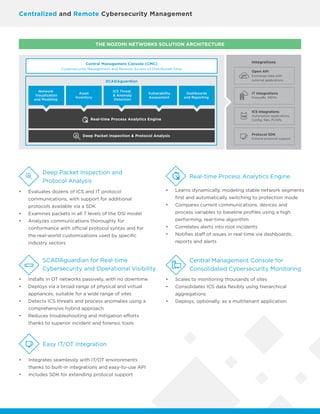 THE NOZOMI NETWORKS SOLUTION ARCHITECTURE
•	 Evaluates dozens of ICS and IT protocol
communications, with support for additional
protocols available via a SDK
•	 Examines packets in all 7 levels of the OSI model
•	 Analyzes communications thoroughly for
conformance with official protocol syntax and for
the real-world customizations used by specific
industry sectors
Deep Packet Inspection and
Protocol Analysis
Real-time Process Analytics Engine
SCADAguardian for Real-time
Cybersecurity and Operational Visibility
Central Management Console for
Consolidated Cybersecurity Monitoring
Easy IT/OT Integration
•	 Learns dynamically, modeling stable network segments
first and automatically switching to protection mode
•	 Compares current communications, devices and
process variables to baseline profiles using a high
performing, real-time algorithm
•	 Correlates alerts into root incidents
•	 Notifies staff of issues in real-time via dashboards,
reports and alerts
•	 Installs in OT networks passively, with no downtime
•	 Deploys via a broad range of physical and virtual
appliances, suitable for a wide range of sites
•	 Detects ICS threats and process anomalies using a
comprehensive hybrid approach
•	 Reduces troubleshooting and mitigation efforts
thanks to superior incident and forensic tools
•	 Scales to monitoring thousands of sites
•	 Consolidates ICS data flexibly using hierarchical
aggregations
•	 Deploys, optionally, as a multitenant application
•	 Integrates seamlessly with IT/OT environments
thanks to built-in integrations and easy-to-use API
•	 Includes SDK for extending protocol support
Centralized and Remote Cybersecurity Management
 