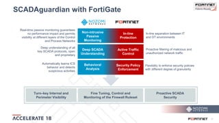 12
SCADAguardian with FortiGate
Automatically learns ICS
behavior and detects
suspicious activities
Security Policy
Enforcement
Flexibility to enforce security policies
with different degree of granularity
Deep understanding of all
key SCADA protocols, open
and proprietary
Active Traffic
Control
Proactive filtering of malicious and
unauthorized network traffic
Real-time passive monitoring guarantees
no performance impact and permits
visibility at different layers of the Control
and Process Networks
In-line
Protection
In-line separation between IT
and OT environments
Turn–key Internal and
Perimeter Visibility
Fine Tuning, Control and
Monitoring of the Firewall Ruleset
Proactive SCADA
Security
Behavioral
Analysis
Deep SCADA
Understanding
Non-intrusive
Passive
Monitoring
 