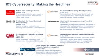 5
ICS Cybersecurity: Making the Headlines
A Worm in the Centrifuge- Stuxnet
30 Sept. 2010
An unusually sophisticated cyber-weapon is
mysterious but important. A new software
“worm” called Stuxnet …
A Cyberattack Has Caused Confirmed
Physical Damage
30 Sept. 2015
Massive damage by manipulating and
disrupting control systems at German steel mill
U.S. Finds Proof: Cyberattack on Ukraine
Power Grid
3 Feb. 2016
Almost immediately, investigators found
indications of a malware called BlackEnergy.
Industroyer; A Cyberweapon can disrupt Power Grids
12 June 2017
Hackers allied with the Russian government have devised a
cyberweapon that has the potential to be the most disruptive
yet against electric systems that Americans depend on for
daily life, according to U.S. researchers.
The Ukraine’s Power Outage Was a Cyber Attack
18 Jan. 2017
A power blackout in Ukraine's capital Kiev last month was
caused by a cyber attack and investigators are trying to
trace other potentially infected computers.
Hackers halt plant operations in watershed cyberattack
15 Dec. 2017
Schneider confirmed that the incident had occurred and that
it had issued a security alert to users of Triconex, which
cyber experts said is widely used in the energy industry,
including at nuclear facilities, and oil and gas plants.
Triton: hackers take out safety systems in
'watershed' attack on energy plant
15 Dec. 2017
Sophisticated malware halts operations at
power station in unprecedented attack which
experts believe was state-sponsored
 