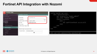 14
© Fortinet Inc. All Rights Reserved.
Fortinet API Integration with Nozomi
config system api-user
edit "guardian-api"
set accprofile "super_admin"
set vdom "TARGET vDOM"
config trusthost
edit 1
set ipv4-trusthost x.x.x.x/32
next
end
next
end
exec api-user generate-key guardian-api
 