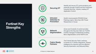 18
© Fortinet Inc. All Rights Reserved.
Fortinet Key
Strengths
Securing OT
Identify and secure OT communications and
protocols through FortiOS and the FortiGuard
Industrial Services. Industry Leading OT
Application Control.
Intrusion
Detection &
Prevention
World’s most powerful IPS/IDS/Virtual
Patching engine. More than 250 Threat
Researchers in house.
Network
Segmentation
Zones and Conduits of control provided
throughout the Security Fabric by FortiOS.
FortiOS managed FortiSwitches enabling
Micro Segmentation at the NGFW core.
Fabric Ready
Partners
The Fortinet Security Fabric embrace
hundreds of 3rd
parties integrations. Shared
intelligence for assured real time effective
Security Automation and Reduced Risks.
 