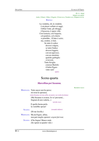 Atto primo                                                                                  Le nozze di Figaro

                                                                                                   [N. 4 ­ Aria]
                                                                                              Allegro con spirito
                                Archi, 2 Flauti, 2 Oboi, 2 Fagotti, 2 Corni in re, Trombe in re, Timpani in re la.
                                                 BARTOLO

                                      La vendetta, oh, la vendetta
                                       è un piacer serbato ai saggi;
                                       l'obliar l'onte, gli oltraggi,
                                       è bassezza, è ognor viltà.
                                      Con l'astuzia, con l'arguzia,
                                       col giudizio, col criterio
                                       si potrebbe... Il fatto è serio;
                                       ma, credete, si farà.
                                            Se tutto il codice
                                              dovessi volgere,
                                              se tutto l'indice
                                              dovessi leggere,
                                              con un equivoco,
                                              con un sinonimo
                                              qualche garbuglio
                                              si troverà.
                                            Tutta Siviglia
                                              conosce Bartolo:
                                              il birbo Figaro
                                              vinto sarà!
                                                                (parte)



                                         Scena quarta
                                   Marcellina poi Susanna.
                                                                                                 Recitativo secco
          MARCELLINA Tutto ancor non ho perso:
                        mi resta la speranza.
                       (entra Susanna con una cuffia, un nastro e un vestito da donna)
          MARCELLINA (Ma Susanna si avanza. Io vo' provarmi...
                        fingiam di non vederla...)
                                                            (ad alta voce)
                        E quella buona perla
                        la vorrebbe sposar!
             SUSANNA                                      (restando indietro)
                        (Di me favella.)
          MARCELLINA Ma da Figaro, alfine,
                        non può meglio sperarsi: argent fait tout.
             SUSANNA (Che lingua! Manco male
                        che ognun sa quanto vale.)



10 / 83                                    www.librettidopera.it
 