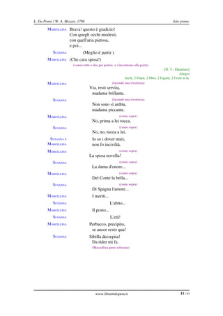 L. Da Ponte / W. A. Mozart, 1786                                                                    Atto primo

        MARCELLINA Brava! questo è giudizio!
                      Con quegli occhi modesti,
                      con quell'aria pietosa,
                      e poi...
            SUSANNA            (Meglio è partir.)
        MARCELLINA (Che cara sposa!)
                        (vanno tutte e due per partire, e s'incontrano alla porta)
                                                                                             [N. 5 ­ Duettino]
                                                                                                        Allegro
                                                               Archi, 2 Flauti, 2 Oboi, 2 Fagotti, 2 Corni in la.
        MARCELLINA                                    (facendo una riverenza)
                                    Via, resti servita,
                                     madama brillante.
            SUSANNA                                   (facendo una riverenza)
                                      Non sono sì ardita,
                                      madama piccante.
        MARCELLINA                                         (come sopra)
                                      No, prima a lei tocca.
            SUSANNA                                        (come sopra)
                                      No, no, tocca a lei.
         SUSANNA E                    Io so i dover miei,
        MARCELLINA                    non fo inciviltà.
        MARCELLINA                                         (come sopra)
                                    La sposa novella!
            SUSANNA                                        (come sopra)
                                      La dama d'onore...
        MARCELLINA                                         (come sopra)
                                      Del Conte la bella...
            SUSANNA                                        (come sopra)
                                      Di Spagna l'amore...
        MARCELLINA                    I meriti...
            SUSANNA                                 L'abito...
        MARCELLINA                    Il posto...
            SUSANNA                                 L'età!
        MARCELLINA                  Perbacco, precipito,
                                     se ancor resto qua!
            SUSANNA                 Sibilla decrepita!
                                     Da rider mi fa.
                                      (Marcellina parte infuriata)




                                         www.librettidopera.it                                            11 / 83
 