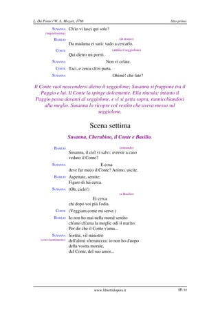 L. Da Ponte / W. A. Mozart, 1786                                             Atto primo

            SUSANNA Ch'io vi lasci qui solo?
       (inquietissima)
             BASILIO                                     (di dentro)
                         Da madama ei sarà: vado a cercarlo.
              CONTE                                 (addita il seggiolone)
                         Qui dietro mi porrò.
            SUSANNA                             Non vi celate.
              CONTE Taci, e cerca ch'ei parta.
            SUSANNA                                 Ohimè! che fate?

Il Conte vuol nascondersi dietro il seggiolone; Susanna si frappone tra il 
    Paggio e lui. Il Conte la spinge dolcemente. Ella rincula; intanto il  
 Paggio passa davanti al seggiolone, e vi si getta sopra, rannicchiandosi  
     alla meglio. Susanna lo ricopre col vestito che aveva messo sul  
                                 seggiolone.

                                     Scena settima
                         Susanna, Cherubino, il Conte e Basilio.

             BASILIO                                     (entrando)
                         Susanna, il ciel vi salvi; avreste a caso
                         veduto il Conte?
            SUSANNA                        E cosa
                         deve far meco il Conte? Animo, uscite.
             BASILIO Aspettate, sentite:
                         Figaro di lui cerca.
            SUSANNA (Oh, cielo!)
                                                         (a Basilio)
                                      Ei cerca
                         chi dopo voi più l'odia.
              CONTE (Veggiam come mi serve.)
             BASILIO Io non ho mai nella moral sentito
                         ch'uno ch'ama la moglie odi il marito.
                         Per dir che il Conte v'ama...
            SUSANNA Sortite, vil ministro
    (con risentimento)   dell'altrui sfrenatezza: io non ho d'uopo
                         della vostra morale,
                         del Conte, del suo amor...




                                        www.librettidopera.it                    15 / 83
 