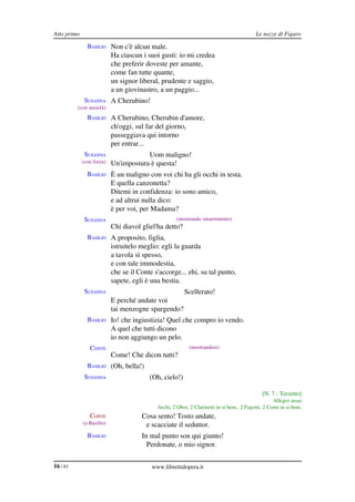 Atto primo                                                                                 Le nozze di Figaro

               BASILIO Non c'è alcun male.
                           Ha ciascun i suoi gusti: io mi credea
                           che preferir doveste per amante,
                           come fan tutte quante,
                           un signor liberal, prudente e saggio,
                           a un giovinastro, a un paggio...
              SUSANNA A Cherubino!
          (con ansietà)
               BASILIO A Cherubino, Cherubin d'amore,
                           ch'oggi, sul far del giorno,
                           passeggiava qui intorno
                           per entrar...
              SUSANNA                  Uom maligno!
             (con forza)   Un'impostura è questa!
               BASILIO È un maligno con voi chi ha gli occhi in testa.
                           E quella canzonetta?
                           Ditemi in confidenza: io sono amico,
                           e ad altrui nulla dico:
                           è per voi, per Madama?
              SUSANNA                                (mostrando smarrimento)
                           Chi diavol gliel'ha detto?
               BASILIO A proposito, figlia,
                           istruitelo meglio: egli la guarda
                           a tavola sì spesso,
                           e con tale immodestia,
                           che se il Conte s'accorge... ehi, su tal punto,
                           sapete, egli è una bestia.
              SUSANNA                                   Scellerato!
                           E perché andate voi
                           tai menzogne spargendo?
               BASILIO Io! che ingiustizia! Quel che compro io vendo.
                           A quel che tutti dicono
                           io non aggiungo un pelo.
                CONTE                                      (mostrandosi)
                           Come! Che dicon tutti?
               BASILIO (Oh, bella!)
              SUSANNA                    (Oh, cielo!)

                                                                                              [N. 7 ­ Terzetto]
                                                                                                   Allegro assai
                                            Archi, 2 Oboi, 2 Clarinetti in si bem., 2 Fagotti, 2 Corni in si bem.
                CONTE                 Cosa sento! Tosto andate,
             (a Basilio)               e scacciate il seduttor.
               BASILIO                In mal punto son qui giunto!
                                        Perdonate, o mio signor.


16 / 83                                   www.librettidopera.it
 