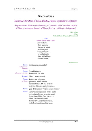 L. Da Ponte / W. A. Mozart, 1786                                                                    Atto primo



                                         Scena ottava
 Susanna, Cherubino, il Conte, Basilio, Figaro, Contadini e Contadine.

 Figaro ha una bianca veste in mano; i Contadini e le Contadine ­vestite  
  di bianco­ spargono davanti al Conte fiori raccolti in piccioli panieri.
                                                                                                  [N. 8 ­ Coro]
                                                                                                        Allegro
                                                                     Archi, 2 Flauti, 2 Fagotti, 2 Corni in sol.
                                                    CORO
                                      Soprani, contralti, tenori e bassi.
                                      Giovani liete,
                                        fiori spargete
                                        davanti al nobile
                                        nostro signor.
                                      Il suo gran core
                                        vi serba intatto
                                        d'un più bel fiore
                                        l'almo candor.

                                                                                                Recitativo secco
               CONTE Cos'è questa commedia?
         (a Figaro, con 
              sorpresa)
               FIGARO Eccoci in danza.
 (a Susanna, sottovoce)    Secondami, cor mio.
             SUSANNA (Non ci ho speranza.)
               FIGARO Signor, non isdegnate
             (al Conte)    questo del nostro affetto
                           meritato tributo. Or che aboliste
                           un dritto sì ingrato a chi ben ama...
               CONTE Quel dritto or non v'è più: cosa si brama?
               FIGARO Della vostra saggezza il primo frutto
                           oggi noi coglierem: le nostre nozze
                           si son già stabilite. Or a voi tocca
                           costei, che un vostro dono
                           illibata serbò, coprir con questa,
                           simbolo d'onestà, candida vesta.




                                           www.librettidopera.it                                         19 / 83
 