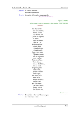 L. Da Ponte / W. A. Mozart, 1786                                                              Atto secondo

          CHERUBINO Io sono sì tremante...
                      ma se Madama vuole...
            SUSANNA Lo vuole, sì, lo vuol... manco parole.
                                                 (fa il ritornello sulla chitarra)

                                                                                         [N. 11 ­ Canzone]
                                                                                           Andante con moto
                               Archi, 1 Flauto, 1 Oboe, 1 Clarinetto in si bem, 2 Fagotto, 2 Corni in mi bem.
                                             CHERUBINO

                                   Voi che sapete
                                    che cosa è amor,
                                    donne, vedete
                                    s'io l'ho nel cor.
                                   Quello ch'io provo
                                    vi ridirò;
                                    è per me nuovo,
                                    capir no 'l so.
                                   Sento un affetto
                                    pien di desir
                                    ch'ora è diletto,
                                    ch'ora è martir.
                                   Gelo, e poi sento
                                    l'alma avvampar,
                                    e in un momento
                                    torno a gelar.
                                   Ricerco un bene
                                    fuori di me,
                                    non so chi 'l tiene,
                                    non so cos'è.
                                   Sospiro e gemo
                                    senza voler,
                                    palpito e tremo
                                    senza saper,
                                   non trovo pace
                                    notte né dì:
                                    ma pur mi piace
                                    languir così.
                                   Voi che sapete
                                    che cosa è amor,
                                    donne, vedete
                                    s'io l'ho nel cor.

                                                                                            Recitativo secco
           CONTESSA Bravo! Che bella voce! Io non sapea
                      che cantaste sì bene.




                                       www.librettidopera.it                                          27 / 83
 