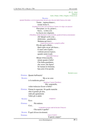 L. Da Ponte / W. A. Mozart, 1786                                                                    Atto secondo

                                                                                                   [N. 12 ­ Aria]
                                                                                                        Allegretto
                                                                Archi, 2 Flauti, 2 Oboi, 2 Fagotti, 2 Corni in sol.
                                                  SUSANNA
         (prende Cherubino e se lo fa inginocchiare davanti, poco discosto dalla Contessa che siede)
                                      Venite... inginocchiatevi...
                                       restate fermo lì...
                               (lo pettina da un lato; poi lo prende pe 'l mento e lo volge a suo piacere)
                                      Pian piano, or via, giratevi...
                                       bravo... va ben così.
                                      La faccia ora volgetemi,
                          (Cherubino, mentre Susanna lo sta acconciando, guarda la Contessa teneramente)
                                        olà! Quegli occhi a me...
                                        drittissimo... guardatemi...
                                        Madama qui non è.
                                              (séguita ad acconciarlo e a porgli la cuffia)
                                      Più alto quel colletto...
                                       Quel ciglio un po' più basso...
                                       le mani sotto il petto...
                                       vedremo poscia il passo,
                                       quando sarete in piè.
                                                         (piano alla Contessa)
                                      Mirate il bricconcello,
                                       mirate quanto è bello!
                                       Che furba guardatura,
                                       che vezzo, che figura!
                                       Se l'amano le femmine,
                                       han certo il lor perché.

                                                                                                  Recitativo secco
           CONTESSA Quante buffonerie!
            SUSANNA                       Ma se ne sono
                        io la medesma gelosa!
                                                    (prende pe 'l mento Cherubino)
                                                 Ehi, serpentello,
                        volete tralasciar d'esser sì bello?
           CONTESSA Finiam le ragazzate. Or quelle maniche
                        oltre il gomito gli alza,
                        onde più agiatamente
                        l'abito gli si adatti.
            SUSANNA                                           (eseguisce)
                        Ecco.
           CONTESSA               Più indietro.
                        Così...
                                           (scoprendo un nastro onde ha fasciato il braccio)
                                  Che nastro è quello?
            SUSANNA È quel ch'esso involommi.
           CONTESSA                                        (stacca il nastro)
                                                            E questo sangue?
                                           www.librettidopera.it                                             29 / 83
 