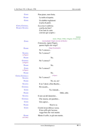 L. Da Ponte / W. A. Mozart, 1786                                                             Atto secondo


              CONTE                Pian piano, men fretta.
              FIGARO                La turba m'aspetta.
              CONTE                 Un dubbio toglietemi
                                    in pria di partir.
  CONTE, CONTESSA,                 (La cosa è scabrosa;
  FIGARO E SUSANNA                  com'ha da finir?
                                    Con l'arte le carte
                                    convien qui scoprir.)

                                                                                                    Andante
                                                           Archi, 2 Flauti, 2 Oboi, 2 Fagotti, 2 Corni in do.
              CONTE                     (mostrandogli il foglio ricevuto da Basilio)
                                   Conoscete, signor Figaro,
                                    questo foglio chi vergò?
              FIGARO                               (finge d'esaminarlo)
                                    No 'l conosco...
            SUSANNA                 No 'l conosci?
            (a Figaro)
              FIGARO                                   No.
           CONTESSA                 No 'l conosci?
            (a Figaro)
              FIGARO                                   No.
              CONTE                 No 'l conosci?
            (a Figaro)
              FIGARO                                   No.
 CONTE, CONTESSA E                                       (a Figaro)

          SUSANNA                   No 'l conosci?
              FIGARO                                   No, no, no!
            SUSANNA                 E no 'l desti a Don Basilio...
           CONTESSA                 Per recarlo...
              CONTE                                  Tu c'intendi...
              FIGARO                                                   Oibò, oibò.
            SUSANNA                E non sai del damerino...
           CONTESSA                 Che stasera, nel giardino...
              CONTE                 Già capisci...
              FIGARO                                 Non lo so.
              CONTE                Cerchi invan difesa e scusa.
                                    Il tuo ceffo già t'accusa;
                                    veggo ben che vuoi mentir.
              FIGARO               Mente il ceffo, io già non mento.
           (al Conte)




                                      www.librettidopera.it                                           41 / 83
 