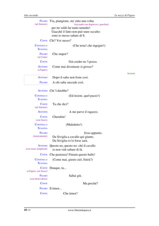 Atto secondo                                                                        Le nozze di Figaro

                FIGARO Via, piangione, sta' zitto una volta:
           (ad Antonio)                       (toccando con disprezzo i garofani)
                           per tre soldi far tanto tumulto!
                           Giacché il fatto non può stare occulto:
                           sono io stesso saltato di lì.
                 CONTE Chi? Voi stesso?
           CONTESSA E                        (Che testa! che ingegno!)
             SUSANNA
                FIGARO     Che stupor?
              (al Conte)
                 CONTE                    Già creder no 'l posso.
              ANTONIO      Come mai diventaste sì grosso?
              (a Figaro)
                                                                                               Insieme
              ANTONIO      Dopo il salto non foste così.
                FIGARO     A chi salta succede così.

              ANTONIO Chi 'l direbbe?
           CONTESSA E                     (Ed insiste, quel pazzo!)
             SUSANNA
                 CONTE     Tu che dici?
           (ad Antonio)
              ANTONIO                     A me parve il ragazzo.
                 CONTE     Cherubin!
            (con fuoco)
           CONTESSA E                  (Maledetto!)
             SUSANNA
                FIGARO                               Esso appunto.
          (ironicamente)   Da Siviglia a cavallo qui giunto.
                           Da Siviglia ov'ei forse sarà.
              ANTONIO Questo no, questo no: ché il cavallo
 (con rozza semplicità)    io non vidi saltare di là.
                 CONTE Che pazienza! Finiam questo ballo!
           CONTESSA E      (Come mai, giusto ciel, finirà?)
             SUSANNA
                 CONTE Dunque, tu...
  (a Figaro, con fuoco)
                FIGARO                    Saltai giù.
      (con disinvoltura)
                 CONTE                                  Ma perché?
                FIGARO Il timor...
                 CONTE               Che timor?




44 / 83                                  www.librettidopera.it
 