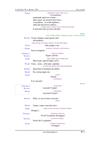 L. Da Ponte / W. A. Mozart, 1786                                                                  Atto secondo

             FIGARO                               (additando le camere delle serve)
                                                  Là rinchiuso,
                         aspettando quel caro visetto...
                         tippe tappe, un sussurro fuor d'uso...
                         voi gridaste... lo scritto biglietto...
                         saltai giù dal terrore confuso...
                                       (stropicciandosi il piede, come si fosse fatto del male)
                         E stravolto m'ho un nervo del piè!

                                                                                                         Andante
                                               Archi, 2 Flauti, 2 Oboi, 2 Fagotti in si bem., 2 Corni in mi bem.
            ANTONIO Vostre, dunque, saran queste carte
                         che perdeste...
                        (porge alcune carte chiuse a Figaro: il Conte gliele toglie)
              CONTE                           Olà, porgile a me.
             FIGARO                            (sottovoce a Susanna e alla Contessa)
                       Sono in trappola.
         CONTESSA E                                     (sottovoce a Figaro)
           SUSANNA                             Figaro, all'erta!
              CONTE                              (apre il foglio; poi lo chiude tosto)
                         Dite un po', questo foglio cos'è?
             FIGARO Tosto... tosto... n'ho tanti, aspettate.
                                          (cava di tasca alcune carte e finge di guardarle)
            ANTONIO      Sarà forse il sommario de' debiti.
             FIGARO      No, la lista degli osti.
              CONTE                                           (a Figaro)
                                                       Parlate.
                                                            (ad Antonio)
                       E tu, lascialo!
                                                                                                       Insieme
         CONTESSA E                                         (ad Antonio)
           SUSANNA                        Lascialo! E parti!
             FIGARO                                         (ad Antonio)
                                          Lasciami! E parti!

            ANTONIO      Parto, sì, ma se torno a trovarti...
                                                               (parte)


             FIGARO      Vanne, vanne, non temo di te.
              CONTE                        (riapre la carta e poi tosto la chiude; a Figaro)
                       Dunque?...
           CONTESSA                                    (a Susanna, sottovoce)
                                       O ciel! La patente del paggio!
            SUSANNA                                     (sottovoce a Figaro)
                         Giusti dèi! La patente!
              CONTE                                   (a Figaro, ironicamente)
                                                         Coraggio!


                                          www.librettidopera.it                                          45 / 83
 