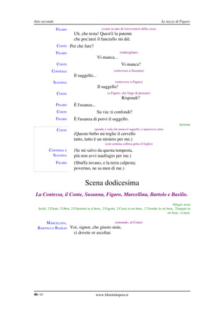 Atto secondo                                                                                         Le nozze di Figaro

                FIGARO                            (come in atto di risovvenirsi della cosa)
                             Uh, che testa! Quest'è la patente
                             che poc'anzi il fanciullo mi diè.
                CONTE Per che fare?
                FIGARO                                           (imbrogliato)
                                              Vi manca...
                CONTE                                              Vi manca?
             CONTESSA                                       (sottovoce a Susanna)
                             Il suggello...
              SUSANNA                                        (sottovoce a Figaro)
                                              Il suggello!
                CONTE                                  (a Figaro, che finge di pensare)
                                                                   Rispondi?
                FIGARO       È l'usanza...
                CONTE                         Su via: ti confondi?
                FIGARO       È l'usanza di porvi il suggello.
                                                                                                                Insieme
                CONTE                       (guarda, e vede che manca il suggello; e squarcia la carta)
                             (Questo birbo mi toglie il cervello
                             tutto, tutto è un mistero per me.)
                                                     (con somma collera getta il foglio)
           CONTESSA E        (Se mi salvo da questa tempesta,
             SUSANNA         più non avvi naufragio per me.)
                FIGARO       (Sbuffa invano, e la terra calpesta;
                             poverino, ne sa men di me.)


                                     Scena dodicesima
 La Contessa, il Conte, Susanna, Figaro, Marcellina, Bartolo e Basilio.
                                                                                                       Allegro assai
   Archi, 2 Flauti, 2 Oboi, 2 Clarinetti in si bem., 2 Fagotti, 2 Corni in mi bem., 2 Trombe in mi bem., Timpani in 
                                                                                                    mi bem., si bem.


      MARCELLINA,                             (entrando, al Conte)
  BARTOLO E BASILIO Voi, signor, che giusto siete,
                             ci dovete or ascoltar.




46 / 83                                      www.librettidopera.it
 