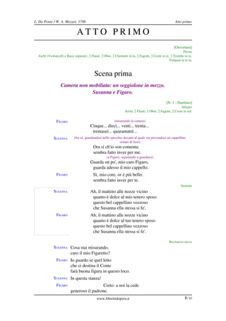 L. Da Ponte / W. A. Mozart, 1786                                                                          Atto primo


                               ATTO PRIMO
                                                                                                         [Ouverture]
                                                                                                                Presto
  Archi (Violoncelli e Bassi separati), 2 Flauti, 2 Oboi, 2 Clarinetti in la, 2 Fagotti, 2 Corni in re, 2 Trombe in re, 
                                                                                                      Timpani in re la.



                                            Scena prima
                   Camera non mobiliata: un seggiolone in mezzo.
                               Susanna e Figaro.
                                                                                                   [N. 1 ­ Duettino]
                                                                                                              Allegro
                                                                    Archi, 2 Flauti, 2 Oboi, 2 Fagotti, 2 Corni in sol.


               FIGARO                                       (misurando la camera)
                                         Cinque... dieci... venti... trenta...
                                          trentasei... quarantatré...
             SUSANNA         (fra sé, guardandosi nello specchio davanti al quale sta provandosi un cappellino 
                                                              ornato di fiori)
                                           Ora sì ch'io son contenta:
                                           sembra fatto inver per me.
                                                      (a Figaro, seguitando a guardarsi)
                                         Guarda un po', mio caro Figaro,
                                          guarda adesso il mio cappello.
               FIGARO                      Sì, mio core, or è più bello:
                                           sembra fatto inver per te.
                                                                                                               Insieme
             SUSANNA                     Ah, il mattino alle nozze vicino
                                          quanto è dolce al mio tenero sposo
                                          questo bel cappellino vezzoso
                                          che Susanna ella stessa si fe'.
               FIGARO                    Ah, il mattino alle nozze vicino
                                          quanto è dolce al tuo tenero sposo
                                          questo bel cappellino vezzoso
                                          che Susanna ella stessa si fe'.

                                                                                                     Recitativo secco
             SUSANNA Cosa stai misurando,
                          caro il mio Figaretto?
               FIGARO Io guardo se quel letto
                          che ci destina il Conte
                          farà buona figura in questo loco.
             SUSANNA In questa stanza!
               FIGARO                       Certo: a noi la cede
                          generoso il padrone.
                                              www.librettidopera.it                                              5 / 83
 