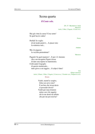Atto terzo                                                                             Le nozze di Figaro



                                   Scena quarta
                                      Il Conte solo.
                                                                               [N. 17 ­ Recitativo e aria]
                                                                                                  Maestoso
                                                                     Archi, 2 Oboi, 2 Fagotti, 2 Corni in re.


             CONTE Hai già vinta la causa! Cosa sento!
                    In qual laccio cadea!
                                                                                                      Presto
             CONTE Perfidi! Io voglio
                      di tal modo punirvi... A piacer mio
                      la sentenza sarà...
                                                                                                    Andante
             CONTE Ma s'ei pagasse
                      la vecchia pretendente?
                                                                                                   Maestoso
             CONTE Pagarla! In qual maniera?... E poi v'è Antonio
                     che a un incognito Figaro ricusa
                     di dare una nipote in matrimonio.
                    Coltivando l'orgoglio
                     di questo mentecatto...
                     tutto giova a un raggiro... il colpo è fatto!
                                                                                                        Aria
                                                                                           Allegro maestoso
                         Archi, 2 Flauti, 2 Oboi, 2 Fagotti, 2 Corni in re, 2 Trombe in re, Timpani in re la.
                                             CONTE

                                 Vedrò, mentr'io sospiro,
                                  felice un servo mio?
                                  E un ben che invan desio
                                  ei posseder dovrà?
                                 Vedrò per man d'amore
                                  unita a un vile oggetto
                                  chi in me destò un affetto
                                  che per me poi non ha?




52 / 83                              www.librettidopera.it
 
