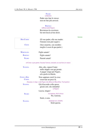L. Da Ponte / W. A. Mozart, 1786                                                               Atto terzo

                                                  FIGARO
                                                (a Bartolo)
                                        Padre mio fate lo stesso:
                                        non mi fate più arrossir.

                                                BARTOLO
                                          (abbracciando Figaro)
                                        Resistenza la coscienza
                                        far non lascia al tuo desir.

                                                                                                 Insieme
        DON CURZIO                      (Ei suo padre, ella sua madre:
                                        l'imeneo non può seguir.)
              CONTE                     (Son smarrito, son stordito:
                                        meglio è assai di qua partir.)

        MARCELLINA                   Figlio amato!
           BARTOLO                      Figlio amato!
             FIGARO                     Parenti amati!

                (il Conte va per partire; Susanna l'arresta, entrando con una borsa in mano)


            SUSANNA                  Alto, alto, signor Conte:
                                      mille doppie son qui pronte.
                                      A pagar vengo per Figaro,
                                      ed a porlo in libertà.
       CONTE E DON                   Non sappiam com'è la cosa:
            CURZIO                    osservate un poco là.
                 (Susanna si volge e vede Figaro che abbraccia Marcellina. Vuol partire)
            SUSANNA                  Già d'accordo colla sposa:
                                      giusto ciel, che infedeltà!
                                                              (a Figaro)
                                     Lascia, iniquo!
             FIGARO                                   (la trattiene; ella fa forza)
                                                           No, t'arresta.
                                        Senti, o cara.
            SUSANNA                                    (dandogli uno schiaffo)
                                                           Senti questa.




                                          www.librettidopera.it                                    55 / 83
 