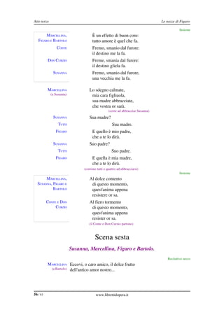 Atto terzo                                                                           Le nozze di Figaro

                                                                                                Insieme
        MARCELLINA,                      È un effetto di buon core:
   FIGARO E BARTOLO                      tutto amore è quel che fa.
                 CONTE                   Fremo, smanio dal furore:
                                         il destino me la fa.
          DON CURZIO                     Freme, smania dal furore:
                                         il destino gliela fa.
              SUSANNA                    Fremo, smanio dal furore,
                                         una vecchia me la fa.

          MARCELLINA                  Lo sdegno calmate,
             (a Susanna)               mia cara figliuola,
                                       sua madre abbracciate,
                                       che vostra or sarà.
                                                     (corre ad abbracciar Susanna)
              SUSANNA                 Sua madre?
                  TUTTI                                 Sua madre.
                FIGARO                   E quello è mio padre,
                                         che a te lo dirà.
              SUSANNA                 Suo padre?
                  TUTTI                                Suo padre.
                FIGARO                   E quella è mia madre,
                                         che a te lo dirà.
                                   (corrono tutti e quattro ad abbracciarsi)
                                                                                                Insieme
       MARCELLINA,                    Al dolce contento
  SUSANNA, FIGARO E                    di questo momento,
           BARTOLO                     quest'anima appena
                                       resistere or sa.
          CONTE E DON                 Al fiero tormento
               CURZIO                  di questo momento,
                                       quest'anima appena
                                       resister or sa.
                                      (il Conte e Don Curzio partono)



                                           Scena sesta
                           Susanna, Marcellina, Figaro e Bartolo.
                                                                                        Recitativo secco
          MARCELLINA Eccovi, o caro amico, il dolce frutto
             (a Bartolo)   dell'antico amor nostro...




56 / 83                                    www.librettidopera.it
 