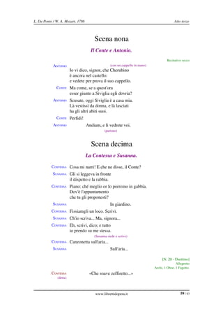 L. Da Ponte / W. A. Mozart, 1786                                                             Atto terzo



                                       Scena nona
                                     Il Conte e Antonio.
                                                                                       Recitativo secco
            ANTONIO                                (con un cappello in mano)
                        Io vi dico, signor, che Cherubino
                        è ancora nel castello:
                        e vedete per prova il suo cappello.
              CONTE Ma come, se a quest'ora
                        esser giunto a Siviglia egli dovria?
            ANTONIO Scusate, oggi Siviglia è a casa mia.
                        Là vestissi da donna, e là lasciati
                        ha gli altri abiti suoi.
              CONTE Perfidi!
            ANTONIO                Andiam, e li vedrete voi.
                                              (partono)



                                     Scena decima
                                   La Contessa e Susanna.

           CONTESSA Cosa mi narri! E che ne disse, il Conte?
            SUSANNA Gli si leggeva in fronte
                        il dispetto e la rabbia.
           CONTESSA Piano: ché meglio or lo porremo in gabbia.
                        Dov'è l'appuntamento
                        che tu gli proponesti?
            SUSANNA                                In giardino.
           CONTESSA Fissiamgli un loco. Scrivi.
            SUSANNA Ch'io scriva... Ma, signora...
           CONTESSA Eh, scrivi, dico; e tutto
                        io prendo su me stessa.
                                       (Susanna siede e scrive)
           CONTESSA Canzonetta sull'aria...
            SUSANNA                                Sull'aria...

                                                                                    [N. 20 ­ Duettino]
                                                                                              Allegretto
                                                                               Archi, 1 Oboe, 1 Fagotto.
           CONTESSA                 «Che soave zeffiretto...»
              (detta)



                                        www.librettidopera.it                                    59 / 83
 