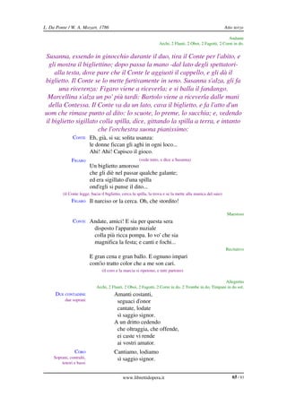 L. Da Ponte / W. A. Mozart, 1786                                                                               Atto terzo

                                                                                                              Andante
                                                                     Archi, 2 Flauti, 2 Oboi, 2 Fagotti, 2 Corni in do.


Susanna, essendo in ginocchio durante il duo, tira il Conte per l'abito, e  
 gli mostra il bigliettino; dopo passa la mano ­dal lato degli spettatori­  
    alla testa, dove pare che il Conte le aggiusti il cappello, e gli dà il  
biglietto. Il Conte se lo mette furtivamente in seno. Susanna s'alza, gli fa  
      una riverenza: Figaro viene a riceverla; e si balla il fandango.  
 Marcellina s'alza un po' più tardi: Bartolo viene a riceverla dalle mani  
 della Contessa. Il Conte va da un lato, cava il biglietto, e fa l'atto d'un  
uom che rimase punto al dito: lo scuote, lo preme, lo succhia; e, vedendo  
il biglietto sigillato colla spilla, dice, gittando la spilla a terra, e intanto  
                      che l'orchestra suona pianissimo:
                CONTE Eh, già, si sa; solita usanza:
                            le donne ficcan gli aghi in ogni loco...
                            Ahi! Ahi! Capisco il gioco.
               FIGARO                                   (vede tutto, e dice a Susanna)
                            Un biglietto amoroso
                            che gli diè nel passar qualche galante;
                            ed era sigillato d'una spilla
                            ond'egli si punse il dito...
          (il Conte legge, bacia il biglietto, cerca la spilla, la trova e se la mette alla manica del saio)
               FIGARO Il narciso or la cerca. Oh, che stordito!

                                                                                                                Maestoso
                CONTE Andate, amici! E sia per questa sera
                              disposto l'apparato nuziale
                              colla più ricca pompa. Io vo' che sia
                              magnifica la festa; e canti e fochi...
                                                                                                               Recitativo
                CONTE E gran cena e gran ballo. E ognuno impari
                            com'io tratto color che a me son cari.
                                  (il coro e la marcia si ripetono, e tutti partono)

                                                                                                         Allegretto
                               Archi, 2 Flauti, 2 Oboi, 2 Fagotti, 2 Corni in do, 2 Trombe in do, Timpani in do sol.
      DUE CONTADINE                      Amanti costanti,
           due soprani                    seguaci d'onor
                                          cantate, lodate
                                          sì saggio signor.
                                         A un dritto cedendo
                                          che oltraggia, che offende,
                                          ei caste vi rende
                                          ai vostri amator.
                 CORO                    Cantiamo, lodiamo
     Soprani, contralti,                  sì saggio signor.
         tenori e bassi


                                              www.librettidopera.it                                                65 / 83
 