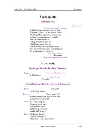 L. Da Ponte / W. A. Mozart, 1786                                                             Atto quarto



                                     Scena quinta
                                       Barbarina sola.
                                                                                          Recitativo secco
         BARBARINA                          (con in mano alcune frutta e ciambelle)
                        «Nel padiglione a manca», ei così disse.
                        È questo, è questo... E poi, se non venisse?
                        Ah, ah, che brava gente! A stento darmi
                        un arancio, una pera e una ciambella.
                        «Per chi, madamigella?»
                        «Oh, per qualcun, signore!»
                        «Già lo sappiam.» Ebbene:
                        il padron l'odia, ed io gli voglio bene!
                        Però costommi un bacio... E cosa importa?
                        Forse qualcun me 'l renderà...
                                                    (sente arrivare qualcuno)
                                                              Son morta!
                                            (fugge, ed entra nel padiglione a sinistra)



                                       Scena sesta
                       Figaro; poi Bartolo, Basilio e Lavoratori.

             FIGARO                              (solo con mantello e lanternino)
                        È Barbarina...
                                                        (ode venir gente)
                                         Chi va là?

                Entra Basilio con Bartolo e truppa di Lavoratori.

             BASILIO                                     Son quelli
                        che invitasti a venir.
           BARTOLO                            Che brutto ceffo!
                        Sembri un cospirator. Che diamin sono
                        quegli infausti apparati?
             FIGARO Lo vedrete tra poco.
                        In questo stesso loco
                        celebrerem la festa
                        della mia sposa onesta
                        e del feudal signor...
             BASILIO Ah, buono, buono!
                        Capisco come egli è.
                        (Accordati si son senza di me.)


                                         www.librettidopera.it                                     69 / 83
 