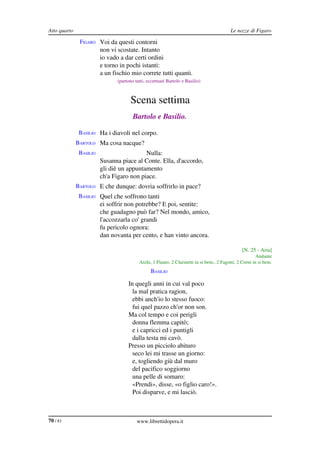 Atto quarto                                                                                Le nozze di Figaro

               FIGARO Voi da questi contorni
                         non vi scostate. Intanto
                         io vado a dar certi ordini
                         e torno in pochi istanti:
                         a un fischio mio correte tutti quanti.
                                (partono tutti, eccettuati Bartolo e Basilio)



                                       Scena settima
                                        Bartolo e Basilio.

               BASILIO Ha i diavoli nel corpo.
              BARTOLO Ma cosa nacque?
               BASILIO                     Nulla:
                         Susanna piace al Conte. Ella, d'accordo,
                         gli diè un appuntamento
                         ch'a Figaro non piace.
              BARTOLO E che dunque: dovria soffrirlo in pace?
               BASILIO Quel che soffrono tanti
                         ei soffrir non potrebbe? E poi, sentite:
                         che guadagno può far? Nel mondo, amico,
                         l'accozzarla co' grandi
                         fu pericolo ognora:
                         dan novanta per cento, e han vinto ancora.

                                                                                                  [N. 25 ­ Aria]
                                                                                                          Andante
                                           Archi, 1 Flauto, 2 Clarinetti in si bem., 2 Fagotti, 2 Corni in si bem.
                                                  BASILIO

                                     In quegli anni in cui val poco
                                       la mal pratica ragion,
                                       ebbi anch'io lo stesso fuoco:
                                       fui quel pazzo ch'or non son.
                                     Ma col tempo e coi perigli
                                       donna flemma capitò;
                                       e i capricci ed i puntigli
                                       dalla testa mi cavò.
                                     Presso un picciolo abituro
                                       seco lei mi trasse un giorno:
                                       e, togliendo giù dal muro
                                       del pacifico soggiorno
                                       una pelle di somaro:
                                       «Prendi», disse, «o figlio caro!».
                                       Poi disparve, e mi lasciò.



70 / 83                                   www.librettidopera.it
 