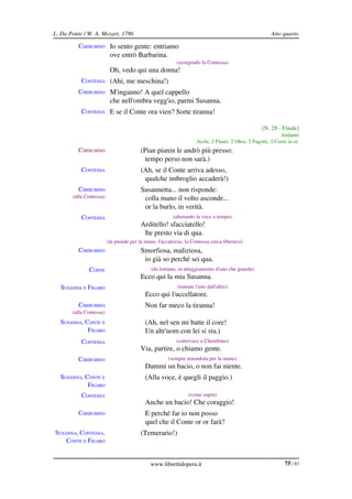 L. Da Ponte / W. A. Mozart, 1786                                                                       Atto quarto

          CHERUBINO Io sento gente: entriamo
                          ove entrò Barbarina.
                                                          (scorgendo la Contessa)
                          Oh, vedo qui una donna!
           CONTESSA (Ahi, me meschina!)
          CHERUBINO M'inganno! A quel cappello
                          che nell'ombra vegg'io, parmi Susanna.
           CONTESSA E se il Conte ora vien? Sorte tiranna!

                                                                                                  [N. 28 ­ Finale]
                                                                                                           Andante
                                                                   Archi, 2 Flauti, 2 Oboi, 2 Fagotti, 2 Corni in re.
          CHERUBINO                      (Pian pianin le andrò più presso:
                                           tempo perso non sarà.)
           CONTESSA                      (Ah, se il Conte arriva adesso,
                                          qualche imbroglio accaderà!)
          CHERUBINO                      Susannetta... non risponde:
       (alla Contessa)                    colla mano il volto asconde...
                                          or la burlo, in verità.
           CONTESSA                                     (alterando la voce a tempo)
                                         Arditello! sfacciatello!
                                          Ite presto via di qua.
                         (la prende per la mano, l'accarezza; la Contessa cerca liberarsi)
          CHERUBINO                      Smorfiosa, maliziosa,
                                          io già so perché sei qua.
              CONTE                           (da lontano, in atteggiamento d'uno che guarda)
                                         Ecco qui la mia Susanna.
  SUSANNA E FIGARO                                        (lontani l'uno dall'altro)
                                           Ecco qui l'uccellatore.
          CHERUBINO                        Non far meco la tiranna!
       (alla Contessa)
  SUSANNA, CONTE E                         (Ah, nel sen mi batte il core!
            FIGARO                         Un altr'uom con lei si sta.)
           CONTESSA                                       (sottovoce a Cherubino)
                                         Via, partire, o chiamo gente.
          CHERUBINO                                   (sempre tenendola per la mano)
                                           Dammi un bacio, o non fai niente.
  SUSANNA, CONTE E                         (Alla voce, è quegli il paggio.)
            FIGARO
           CONTESSA                                            (come sopra)
                                           Anche un bacio! Che coraggio!
          CHERUBINO                        E perché far io non posso
                                           quel che il Conte or or farà?
SUSANNA, CONTESSA,                       (Temerario!)
    CONTE E FIGARO


                                             www.librettidopera.it                                            75 / 83
 