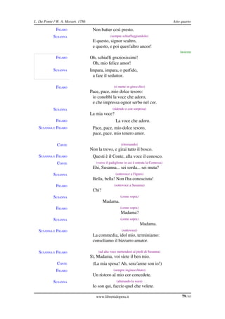 L. Da Ponte / W. A. Mozart, 1786                                                           Atto quarto

             FIGARO                 Non batter così presto.
            SUSANNA                             (sempre schiaffeggiandolo)
                                    E questo, signor scaltro,
                                    e questo, e poi quest'altro ancor!
                                                                                               Insieme
             FIGARO                Oh, schiaffi graziosissimi!
                                    Oh, mio felice amor!
            SUSANNA                Impara, impara, o perfido,
                                    a fare il seduttor.

             FIGARO                                (si mette in ginocchio)
                                   Pace, pace, mio dolce tesoro:
                                    io conobbi la voce che adoro,
                                    e che impressa ognor serbo nel cor.
            SUSANNA                               (ridendo e con sorpresa)
                                   La mia voce?
             FIGARO                                 La voce che adoro.
  SUSANNA E FIGARO                  Pace, pace, mio dolce tesoro,
                                    pace, pace, mio tenero amor.

              CONTE                                     (ritornando)
                                   Non la trovo, e girai tutto il bosco.
  SUSANNA E FIGARO                  Questi è il Conte, alla voce il conosco.
              CONTE                   (verso il padiglione in cui è entrata la Contessa)
                                    Ehi, Susanna... sei sorda... sei muta?
            SUSANNA                                 (sottovoce a Figaro)
                                    Bella, bella! Non l'ha conosciuta!
             FIGARO                                (sottovoce a Susanna)
                                    Chi?
            SUSANNA                                     (come sopra)
                                           Madama.
             FIGARO                                     (come sopra)
                                                        Madama?
            SUSANNA                                     (come sopra)
                                                                       Madama.
  SUSANNA E FIGARO                                       (sottovoce)
                                    La commedia, idol mio, terminiamo:
                                    consoliamo il bizzarro amator.

  SUSANNA E FIGARO                      (ad alta voce mettendosi ai piedi di Susanna)
                                   Sì, Madama, voi siete il ben mio.
              CONTE                 (La mia sposa! Ah, senz'arme son io!)
             FIGARO                               (sempre inginocchiato)
                                    Un ristoro al mio cor concedete.
            SUSANNA                                  (alterando la voce)
                                    Io son qui, faccio quel che volete.

                                      www.librettidopera.it                                     79 / 83
 