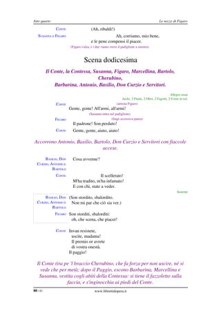 Atto quarto                                                                                Le nozze di Figaro

              CONTE                    (Ah, ribaldi!)
   SUSANNA E FIGARO                                 Ah, corriamo, mio bene,
                                       e le pene compensi il piacer.
                        (Figaro s'alza, e i due vanno verso il padiglione a sinistra)



                                  Scena dodicesima
          Il Conte, la Contessa, Susanna, Figaro, Marcellina, Bartolo,  
                                   Cherubino,
              Barbarina, Antonio, Basilio, Don Curzio e Servitori.
                                                                                                    Allegro assai
                                                               Archi, 2 Flauti, 2 Oboi, 2 Fagotti, 2 Corni in sol.
              CONTE                                        (arresta Figaro)
                       Gente, gente! All'armi, all'armi!
                                      (Susanna entra nel padiglione)
              FIGARO                                  (finge eccessiva paura)
                         Il padrone! Son perduto!
              CONTE      Gente, gente, aiuto, aiuto!

Accorrono Antonio, Basilio, Bartolo, Don Curzio e Servitori con fiaccole  
                                accese.

      BASILIO, DON       Cosa avvenne?
  CURZIO, ANTONIO E 
           BARTOLO
              CONTE                       Il scellerato!
                         M'ha tradito, m'ha infamato!
                         E con chi, state a veder.
                                                                                                         Insieme
      BASILIO, DON  (Son stordito, sbalordito.
  CURZIO, ANTONIO E  Non mi par che ciò sia ver.)
           BARTOLO
              FIGARO Son storditi, sbalorditi:
                        oh, che scena, che piacer!

              CONTE Invan resistete,
                         uscite, madama!
                         Il premio or avrete
                         di vostra onestà.
                       Il paggio!

  Il Conte tira pe 'l braccio Cherubino, che fa forza per non uscire, né si  
    vede che per metà; dopo il Paggio, escono Barbarina, Marcellina e  
   Susanna, vestita cogli abiti della Contessa: si tiene il fazzoletto sulla  
                 faccia, e s'inginocchia ai piedi del Conte.
80 / 83                                   www.librettidopera.it
 