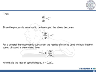 23
Thus
2
dP
=C
dρ
Since the process is assumed to be isentropic, the above becomes
For a general thermodynamic substance, the results of may be used to show that the
speed of sound is determined from
where k is the ratio of specific heats, k = CP/CV.
2
s
dP
=C
dρ
 
 
 
2
T
P
C k

 

  

 
 