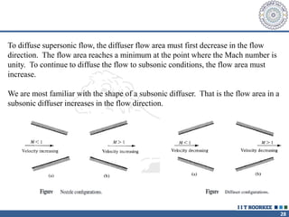 28
To diffuse supersonic flow, the diffuser flow area must first decrease in the flow
direction. The flow area reaches a minimum at the point where the Mach number is
unity. To continue to diffuse the flow to subsonic conditions, the flow area must
increase.
We are most familiar with the shape of a subsonic diffuser. That is the flow area in a
subsonic diffuser increases in the flow direction.
 