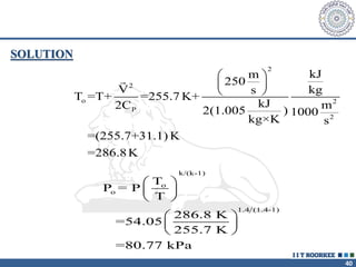 40
2
2
o 2
P
2
kJ
m
250
V kg
s
T =T+ =255.7 K+
kJ m
2C 2(1.005 ) 1000
kg×K s
=(255.7+31.1) K
=286.8K
 
 
 
k/(k-1)
o
o
1.4 (1.4-1)
T
P = P
T
286.8 K
=54.05
255.7 K
=80.77 kPa
 
 
 
 
 
 
SOLUTION
 