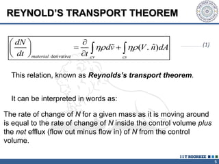 5
REYNOLD’S TRANSPORT THEOREM
This relation, known as Reynolds’s transport theorem.
The rate of change of N for a given mass as it is moving around
is equal to the rate of change of N inside the control volume plus
the net efflux (flow out minus flow in) of N from the control
volume.
It can be interpreted in words as:
1
derivative
ˆ
( . )
material cv cs
dN
dv V n dA
dt t
 

 
 
 

 
 
…………………………… (1)
 