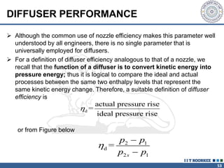 53
DIFFUSER PERFORMANCE
 Although the common use of nozzle efficiency makes this parameter well
understood by all engineers, there is no single parameter that is
universally employed for diffusers.
 For a definition of diffuser efficiency analogous to that of a nozzle, we
recall that the function of a diffuser is to convert kinetic energy into
pressure energy; thus it is logical to compare the ideal and actual
processes between the same two enthalpy levels that represent the
same kinetic energy change. Therefore, a suitable definition of diffuser
efficiency is
d
actual pressure rise
=
ideal pressure rise

or from Figure below
2 1
d
2 1
=
s
p p
p p



 