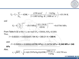 57
2 2
i
0 i 2 2
p
V (150 m/s) 1 kJ/kg
T = T + = 420K + 431.94 K
2c 2×1.005 kJ/kg. K 1000 m /s
 

 
 
and
k k-1 1.4/(1.4-1)
0
0 i
i
T 431.194 K
P = P = (0.6 MPa) =0.65786 MPa
T 420 K
   
   
 
 
From Table A-32 at Ma = 1, we read T/T0 = 0.8333, P/P0= 0.5283.
Thus,
T = 0.8333T0 = 0.8333(431.194 K) = 359.31 K ≈ 359 K
and
P = 0.5283P0 = 0.5283(0.65786 MPa) = 0.34754 MPa ≈ 0.348 MPa = 348
kPa
Also, 2 2
i i
1000 m /s
c = kRT = (1.4)(0.2587kJ/kg.K)(420K) =410.799 m/s
1 kJ/kg
 