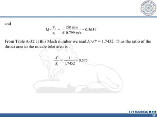 58
and
i
i
V 150 m/s
M= = = 0.3651
c 410.799 m/s
From Table A-32 at this Mach number we read Ai /A* = 1.7452. Thus the ratio of the
throat area to the nozzle inlet area is
i
1
= = 0.573
1.7452
A
A

 