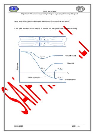 Saif al-din ali Madi
Department of Mechanical Engineering/ College of Engineering/ University of Baghdad
26/11/2018 19 | P a g e
What is the effect of the downstream pressure nozzle on the flow rate values?
It has great influence on the amount of outflow and the type of flow as per the drawing
 