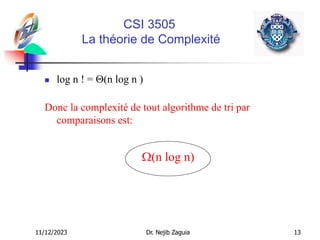 11/12/2023 Dr. Nejib Zaguia 13
CSI 3505
La théorie de Complexité
 log n ! = (n log n )
Donc la complexité de tout algorithme de tri par
comparaisons est:
(n log n)
 