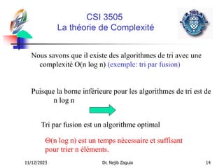 11/12/2023 Dr. Nejib Zaguia 14
CSI 3505
La théorie de Complexité
Nous savons que il existe des algorithmes de tri avec une
complexité O(n log n) (exemple: tri par fusion)
Puisque la borne inférieure pour les algorithmes de tri est de
n log n
Tri par fusion est un algorithme optimal
(n log n) est un temps nécessaire et suffisant
pour trier n éléments.
 