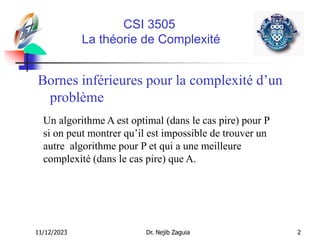 11/12/2023 Dr. Nejib Zaguia 2
CSI 3505
La théorie de Complexité
Un algorithme A est optimal (dans le cas pire) pour P
si on peut montrer qu’il est impossible de trouver un
autre algorithme pour P et qui a une meilleure
complexité (dans le cas pire) que A.
Bornes inférieures pour la complexité d’un
problème
 