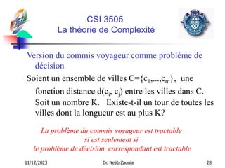 11/12/2023 Dr. Nejib Zaguia 28
CSI 3505
La théorie de Complexité
Version du commis voyageur comme problème de
décision
Soient un ensemble de villes C={c1,...,cm}, une
fonction distance d(ci, cj) entre les villes dans C.
Soit un nombre K. Existe-t-il un tour de toutes les
villes dont la longueur est au plus K?
La problème du commis voyageur est tractable
si est seulement si
le problème de décision correspondant est tractable
 