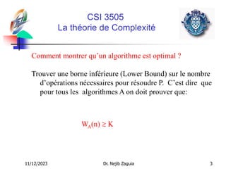 11/12/2023 Dr. Nejib Zaguia 3
CSI 3505
La théorie de Complexité
Comment montrer qu’un algorithme est optimal ?
Trouver une borne inférieure (Lower Bound) sur le nombre
d’opérations nécessaires pour résoudre P. C’est dire que
pour tous les algorithmes A on doit prouver que:
WA(n)  K
 