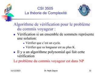 11/12/2023 Dr. Nejib Zaguia 32
CSI 3505
La théorie de Complexité
Algorithme de vérification pour le problème
du commis voyageur :
 Vérification si un ensemble de sommets représente
une solution:
 Vérifier que c’est un cycle.
 Vérifier que sa longueur est au plus K.
 Il y a un algorithme polynomial qui fait cette
vérification
Le problème du commis voyageur est dans NP
 