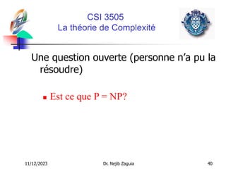 11/12/2023 Dr. Nejib Zaguia 40
CSI 3505
La théorie de Complexité
Une question ouverte (personne n’a pu la
résoudre)
 Est ce que P = NP?
 