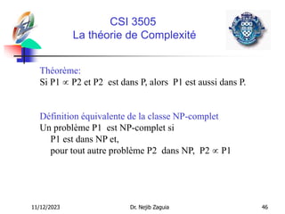 11/12/2023 Dr. Nejib Zaguia 46
CSI 3505
La théorie de Complexité
Théorème:
Si P1  P2 et P2 est dans P, alors P1 est aussi dans P.
Définition équivalente de la classe NP-complet
Un problème P1 est NP-complet si
P1 est dans NP et,
pour tout autre problème P2 dans NP, P2  P1
 
