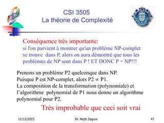 11/12/2023 Dr. Nejib Zaguia 47
CSI 3505
La théorie de Complexité
Conséquence trés importante:
si l'on parvient à montrer qu'un problème NP-complet
se trouve dans P, alors on aura démontré que tous les
problèmes de NP sont dans P ! ET DONC P = NP!!!
Prenons un problème P2 quelconque dans NP.
Puisque P est NP-complet, alors P2  P1.
La composition de la transformation (polynomiale) et
l’algorithme polynomial de P1 nous donne un algorithme
polynomial pour P2.
Très improbable que ceci soit vrai
 