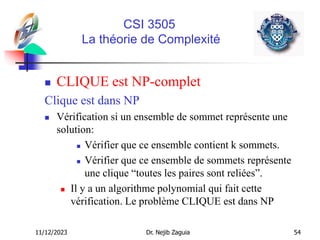 11/12/2023 Dr. Nejib Zaguia 54
CSI 3505
La théorie de Complexité
 CLIQUE est NP-complet
Clique est dans NP
 Vérification si un ensemble de sommet représente une
solution:
 Vérifier que ce ensemble contient k sommets.
 Vérifier que ce ensemble de sommets représente
une clique “toutes les paires sont reliées”.
 Il y a un algorithme polynomial qui fait cette
vérification. Le problème CLIQUE est dans NP
 