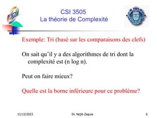 11/12/2023 Dr. Nejib Zaguia 6
CSI 3505
La théorie de Complexité
Exemple: Tri (basé sur les comparaisons des clefs)
On sait qu’il y a des algorithmes de tri dont la
complexité est (n log n).
Peut on faire mieux?
Quelle est la borne inférieure pour ce problème?
 
