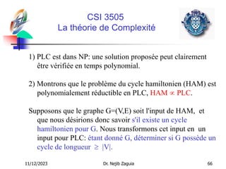 11/12/2023 Dr. Nejib Zaguia 66
CSI 3505
La théorie de Complexité
1) PLC est dans NP: une solution proposée peut clairement
être vérifiée en temps polynomial.
2) Montrons que le problème du cycle hamiltonien (HAM) est
polynomialement réductible en PLC, HAM  PLC.
Supposons que le graphe G=(V,E) soit l'input de HAM, et
que nous désirions donc savoir s'il existe un cycle
hamiltonien pour G. Nous transformons cet input en un
input pour PLC: étant donné G, déterminer si G possède un
cycle de longueur  |V|.
 