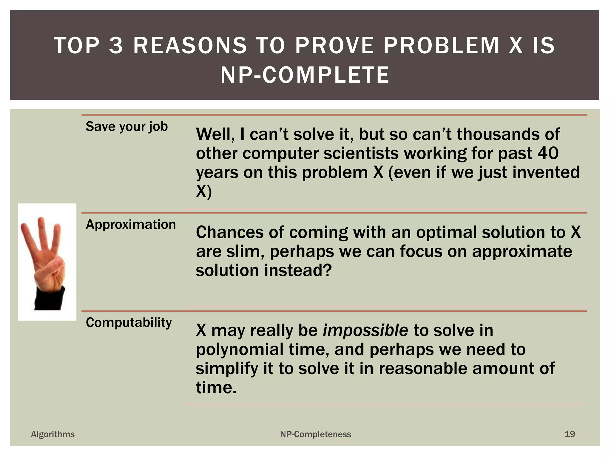 Save your job
Well, I can’t solve it, but so can’t thousands of
other computer scientists working for past 40
years on this problem X (even if we just invented
X)
Approximation
Chances of coming with an optimal solution to X
are slim, perhaps we can focus on approximate
solution instead?
Computability
X may really be impossible to solve in
polynomial time, and perhaps we need to
simplify it to solve it in reasonable amount of
time.
Algorithms NP-Completeness 19
TOP 3 REASONS TO PROVE PROBLEM X IS
NP-COMPLETE
 