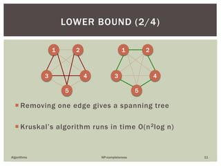  Removing one edge gives a spanning tree
 Kruskal’s algorithm runs in time O(n2log n)
Algorithms NP-completeness 11
LOWER BOUND (2/4)
1 2
3 4
5
1 2
3 4
5
 